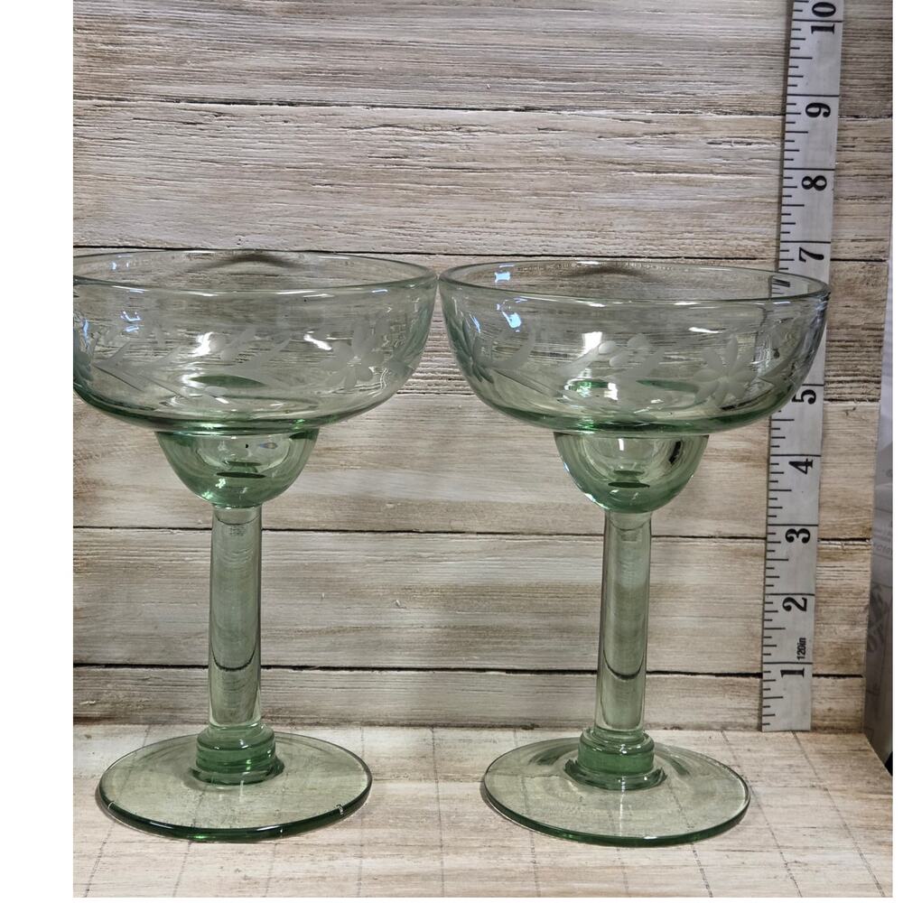 Bobby Flay BFZ1 Green Margarita Glasses Hand Blown Etched Floral Set of 2